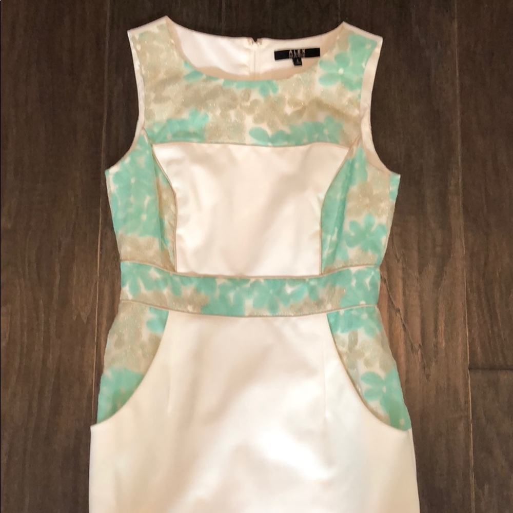 Super flattering white/gold/mint green dress